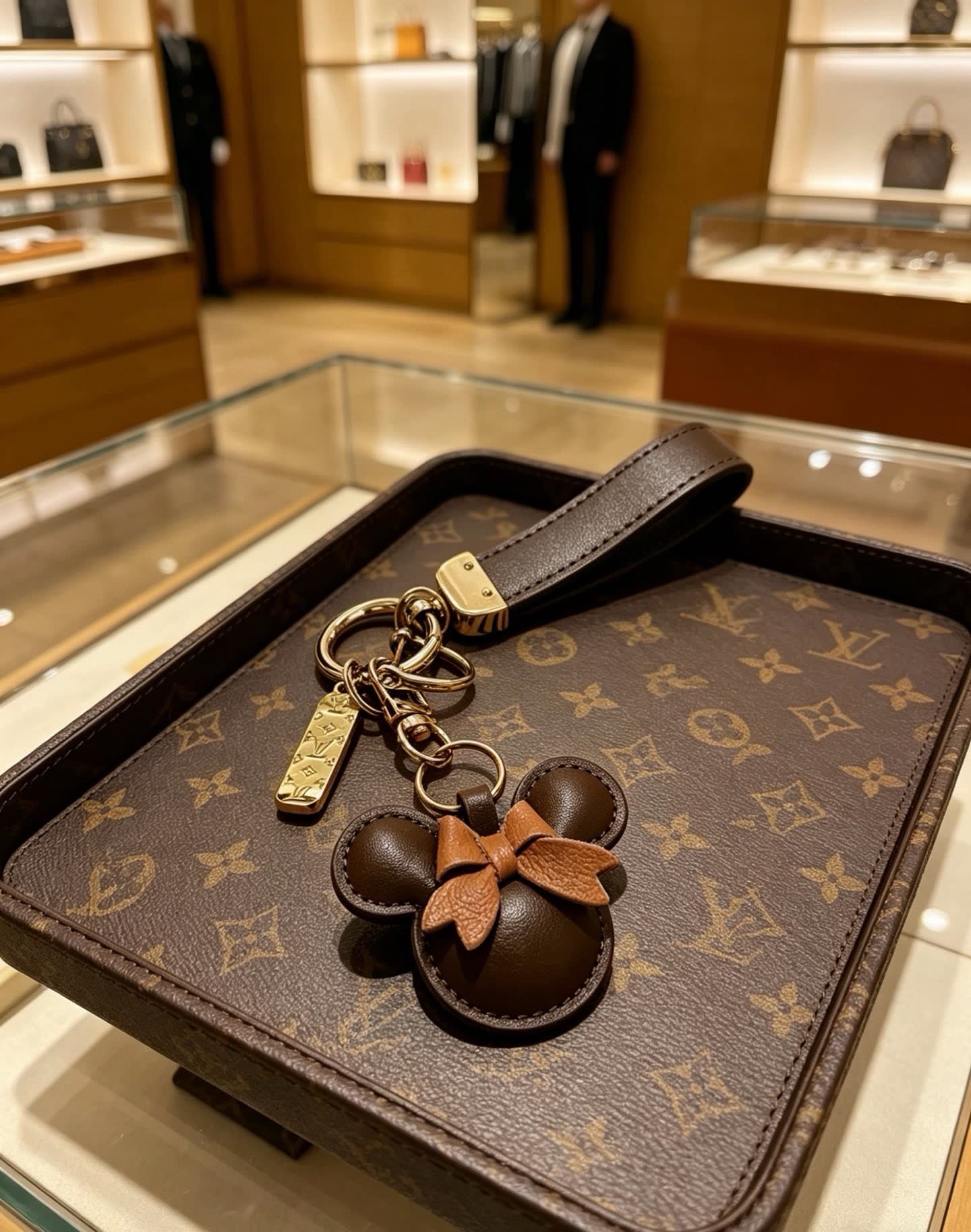 Louis Vuitton Leather Keychain with Mickey Mouse Charm